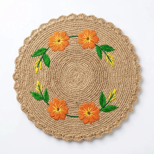 Handmade <b>Round</b> raffia <b>Table</b> <b>Mats</b> With Floral Embroidery Bohemian Style 260Mm Diameter - Product Image 5