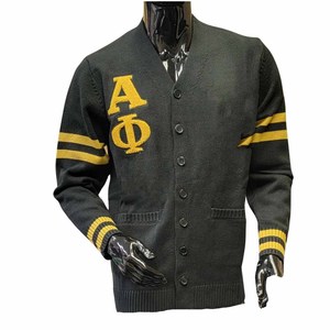 Alpha |   Phi |   Cardigan universitaire Alpha Fraternity - Rayures dorées, lettres brodées, style preppy, pull à manches longues pour femme - Product Image 6