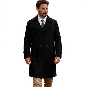 <b>Men's</b> <b>Navy</b> Polyester/Cotton Double Breasted Breathable Genuine Leather Shell Overcoat Long <b>Trench</b> <b>Coat</b> with Notched Lapel - Product Image 6