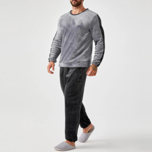 Ensemble de pyjama en polaire pour homme, manches longues, couleur unie, doux, vêtements de nuit d'hiver, vêtements décontractés pour la maison, gris et noir, deux pièces - Product Image 1