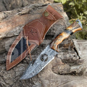 Couteau de chasse OEM Wirecut en acier Damas, couteau à dépecer, manche en bois de cerf, lame fixe, couteau de camping et d'extérieur EDC avec étui en cuir - Product Image 4