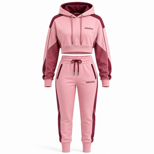 Women's New Quality 100% Cotton Fleece Streetwear Crop <b>Top</b> Short Set Zip-Up Hoodie Tracksuit Winter Sports Clothing - Product Image 5