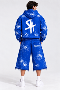 Ensemble 2 pièces pour homme : sweat à capuche graphique bleu et short ample – Survêtement streetwear oversize avec logo personnalisé – Tenue décontractée hip-hop - Product Image 4