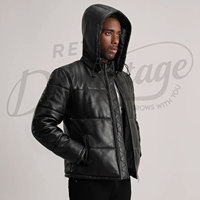 Veste d'hiver matelassée en cuir noir pour homme, avec capuche, en similicuir rembourré, parka chaude pour homme