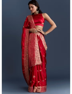 KV <b>Red</b> Satin Woven With Zari Work Saree With Unstitched <b>Blouse</b> - Product Image 6