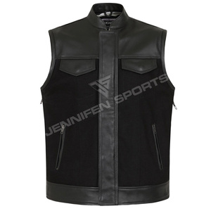 Gilet de motard pour homme en cuir de vachette et toile noir, style club de motards, respirant, vintage, fermeture à boutons recouverts, poches - Product Image 1