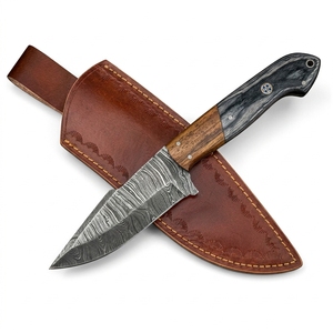 Cuchillo de caza hecho a mano de acero de Damasco con mango de palisandro y pakkawood, hoja fija, funda de cuero, para camping al aire libre, bushcraft, full tang - Product Image 1