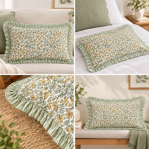 Goldenrod Yellow 20x36 Western Floral Ruffle Lumbar <b>Pillow</b> Cover <b>Set</b> Hand Block Print Cotton Removable Eco-Friendly Customizable - Product Image 3