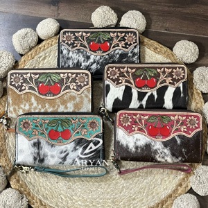 กระเป๋าคลัทช์หนังวัวแท้สีเทอร์ควอยซ์ลายดอกเชอร์รี่แบบใหม่สำหรับผู้หญิง พร้อมช่องใส่บัตรและเงินสด สายคล้องมือ กระเป๋าสตางค์ใบยาว - Product Image 1