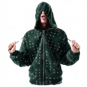 Sweat-shirt à capuche zippé unisexe en polaire avec strass et blocs de couleur vert, coupe oversize, décontracté, pour l'automne, en polyester/coton - Product Image 1