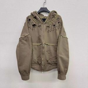 Sudadera con capucha y cremallera para hombre, personalizada, con apliques, parches bordados, estilo vintage, lavado ácido - Product Image 5