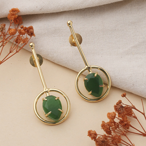 Pendientes geométricos chapados en oro con piedra ovalada de jade verde, joyería de moda vintage para mujer - Product Image 1