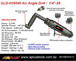APLUS GLD-H35040 Air angle drill 0.3HP 3500 rpm length 233mm 0.62kg spindle <b>thread</b> 1/4"-28 or 9/32 x 40 <b>thread</b> AIRCRAFT <b>TOOL</b> - Product Image 2