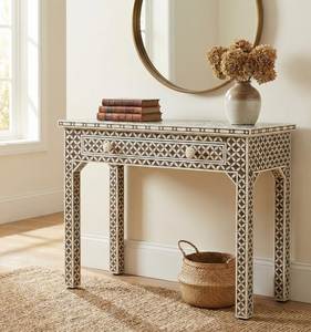 Traditional Bone Inlay Console <b>Table</b> Featuring Fine Artisan Work And Functional Design For Luxury Entryway Decoration - Product Image 1