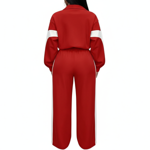 Ensemble de survêtement vintage pour homme, rouge et blanc, à blocs de couleur, manches longues, col à capuche, 100 % coton molletonné, coupe ample sportive, poches latérales - Product Image 2