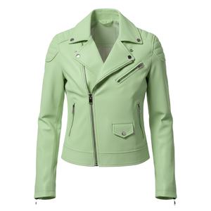 Veste de moto en cuir vert clair pour femmes, mode d'été, vente en gros personnalisée, prix d'usine, style motard authentique, veste pour femmes - Product Image 1
