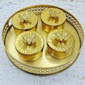 Élégants pots de rangement en métal en forme de fleur de lotus - Bols à noix finis en émail rose et bleu - Boîtes à fruits martelées artisanales pour noix - Product Image 5