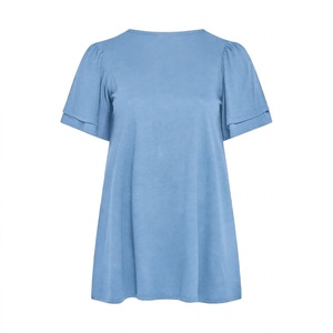 Camiseta Casual Azul de Manga Corta para Mujer, Cuello Redondo, Corte Holgado, Estilo Básico de Verano, Color Sólido, Uso Diario, Cómoda - Product Image 2