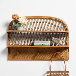 Boho 2 Tier Arched Rattan wall-mounted <b>shelf</b> Woven Bamboo Floating Rack Entryway Coat Key Holder 3 Wood Peg Hanging <b>Hooks</b> <b>Shelf</b> - Product Image 2