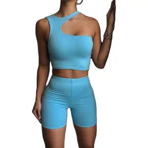 נשים מכנסי שני סטי קיץ מזדמן מוצק צבע אימוניות לגזור הלטר יבול טנק חולצות מכנסיים חליפות Streetwear