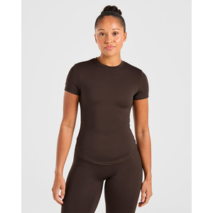 Conjunto Deportivo de Punto para Mujer, Color Marrón Sólido, Manga Corta, Cuello Redondo, Transpirable, Corte Regular, para Todas las Temporadas - Product Image 2