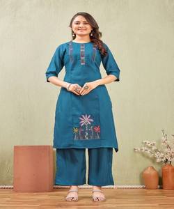 Conjunto coordinado de algodón con bordado de fantasía, de secado rápido, talla única, para uso diario, diseño de diseñador, precio al por mayor, ropa étnica, color verde azulado. - Product Image 1