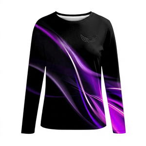 T-shirt imprimé à manches longues pour homme, motif noir et violet, séchage rapide, col rond, tissu tricoté, coupe classique - Product Image 1