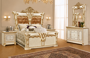 Deluxe Carved Four <b>Poster</b> Bedroom Set for Grand Villas French Style Golden Wooden Bed With Side Stools Queen Size Bed For Homes - Product Image 2