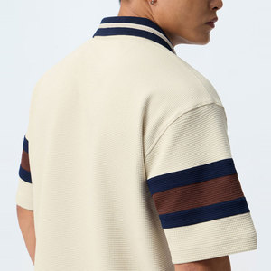 Men's Short Sleeve <b>Waffle</b> Knit Polo Shirt With Striped Cuffs And Collar Color <b>Blocked</b> Design Breathable Casual Style - Product Image 4