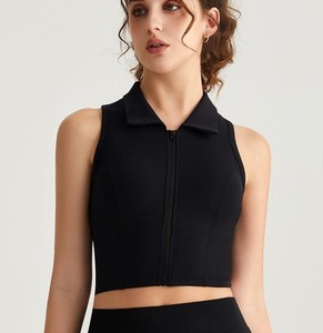 <b>Women's</b> Sleeveless <b>Polo</b> <b>Neck</b> Zipper Crop Top Solid Black Breathable Knitted Fitness Yoga Wear Minimalist Style - Product Image 1