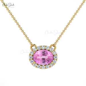 Top Quality Natural 7x5mm Oval Cut Pink Sapphire Gemstone Necklace in 14k Fine Gold Diamond Halo Necklace Top Wholesale Supplier - Product Image 1