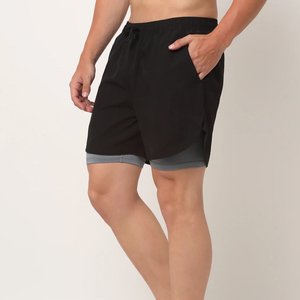 <b>Men</b> <b>Black</b> Grey 2 in 1 Double Layer Gym <b>Shorts</b> Compression Inner Lining Side Pockets Drawstring High Quality Customizable - Product Image 4