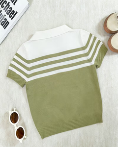 Green Striped Knitted Short Sleeve Polo Shirt Boys Casual Wear White Collar Eco-Friendly Breathable Compressed Polyester - Product Image 5