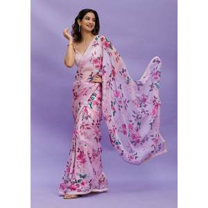 DISEÑADOR CHINON SEDA IMPRESIÓN DIGITAL Y SECUENCIA TRABAJO SAREE CON BLUSA SIN COSTAR ROSA - Product Image 1