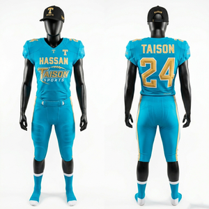 Uniforme de football américain pour femmes, tissu polyester spandex premium 280 GSM, design latéral bleu-vert et or, logo personnalisé en twill. - Product Image 1