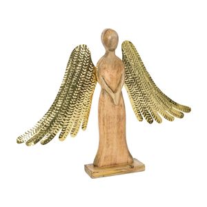 Ornement décoratif minimaliste en bois et métal doré poli en forme de figurine avec ailes, idéal pour les décorations festives et les cheminées - Product Image 1