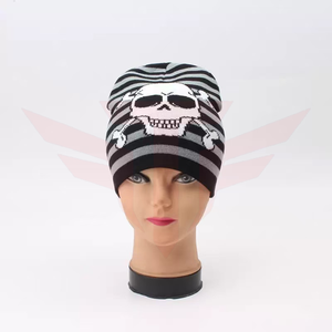 Bonnet unisexe rayé en laine tricotée à la machine avec broderie tête de mort, décontracté, respirant, imperméable, pour l'hiver et l'extérieur, taille adulte 56-58CM - Product Image 4