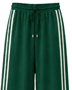 Manufacturer Dark Green Wide Leg <b>Track</b> Pants Women Casual Loose Fit Striped Sweatpants High Waist Drawstring Lounge Trousers - Product Image 5