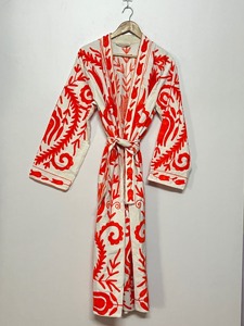Bata de mujer con bordado floral, manga larga, de algodón, informal, con bordado a mano, patrón rojo y blanco, para primavera - Product Image 3