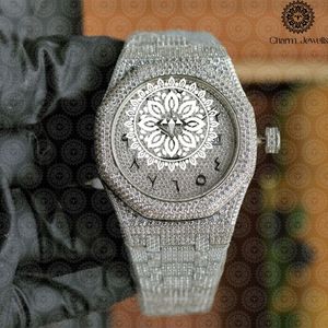 Charm_Jewels Reloj de lujo para hombre con incrustaciones de diamantes, poligonal, de acero inoxidable, analógico, de cuarzo, con cierre plegable, 42 mm - Product Image 1