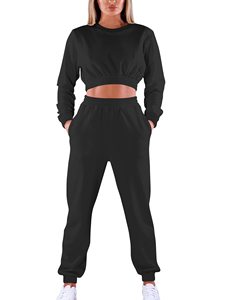 Ensemble de survêtement pour femmes, couleur unie, manches longues, col rond, coupe ample, vêtements d'automne, matière en coton respirant - Product Image 3