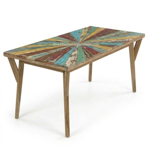 Mesa de Comedor Rectangular Hecha a Mano con Madera Reciclada de Barco, Ecológica, con Acabado Sunburst, Sistema Desmontable, Color Original, para 4 Personas, Estilo Costero - Product Image 1