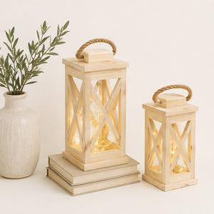 Finest Quality Wooden Candle Lantern Set with <b>Rope</b> Handle - Decorative Farmhouse Floor Lantern for Indoor Outdoor Home Garden - Product Image 3