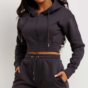 Ensemble 2 pièces pour femme : short et sweat-shirt court à capuche boutonné, couleur unie, en molleton, décontracté, sportswear, hiver, coupe ample, écoresponsable - Product Image 3