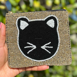 Vintagely Cute Cat Face Embroidered <b>Compact</b> Eco-Friendly Mini <b>Wallet</b> Gold Black Beaded Zipper Coin Pouch Soft Washable Gift for - Product Image 4