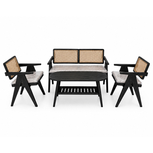 Juego de Muebles de Salón Modernos Escandinavos Malmo de Teca y Ratán con Acabado Negro, Mesa de Centro Ovalada Premium, Estante, Sofá de Mimbre para Hotel o Salón - Product Image 1