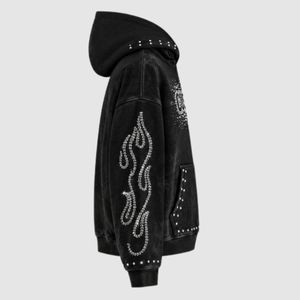 Sweat à capuche épais pour homme, coupe oversize, avec strass flamme sur le devant, logo et design personnalisés, imprimé par décoloration, streetwear éco-responsable - Product Image 3