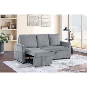 Divano Letto Oswin 70"W in Velluto a Coste Grigio con Chaise Longue Estraibile e Tasca Laterale Sottosedile - Product Image 5