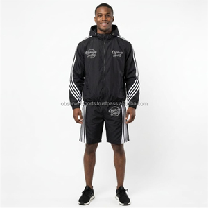 Conjunto Cortavientos con Logotipo Personalizado, 220 Gramos, Ropa Deportiva, Chaqueta Cortavientos Negra de Nailon con Ribete Blanco en Contraste y Capucha - Product Image 3
