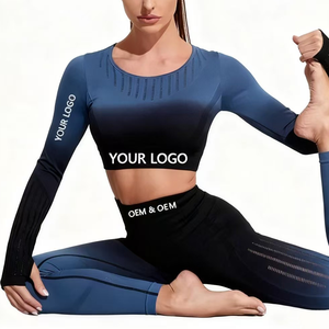 Conjunto de Yoga para Mujer, Diseño a Cuadros, Secado Rápido, Color Degradado, Leggings Largos, Top Corto con Cuello Redondo, Manga Larga, Cintura Alta, 2 Piezas - Product Image 6